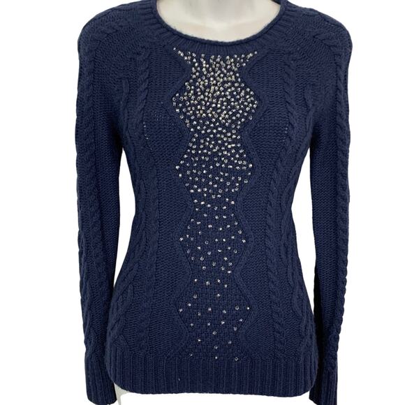 J Crew Womens Pullover Navy Chunky Cable Knit Beaded Sweater Long Sleeve XXS - Picture 1 of 16